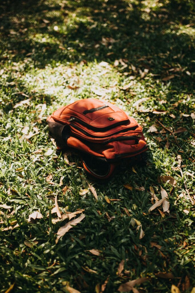 pexels-photo-12446401-12446401 A vibrant red backpack sitting on lush green grass, illuminated by warm sunlight in an outdoor setting.